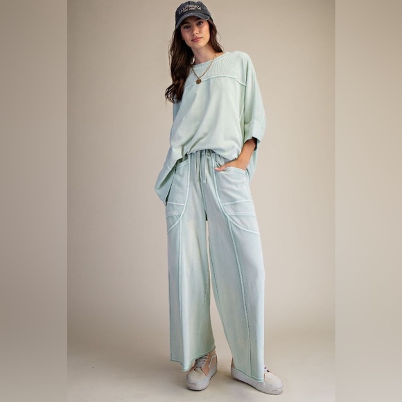 Easel Los Angeles Pants - Easel teal set monkey washed terry knit wide leg